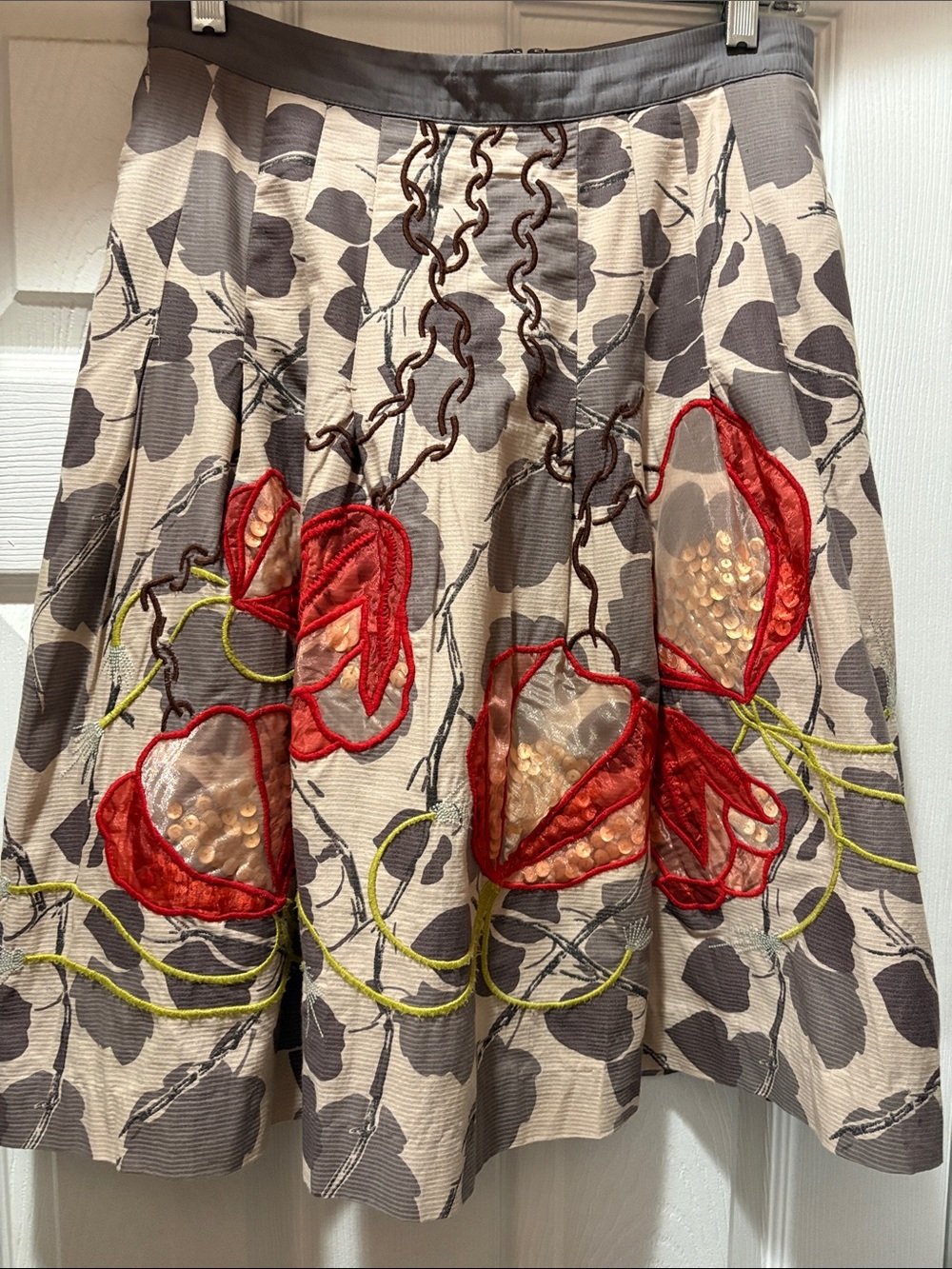 Embroidered Floral Circle Skirt in Gray and Red